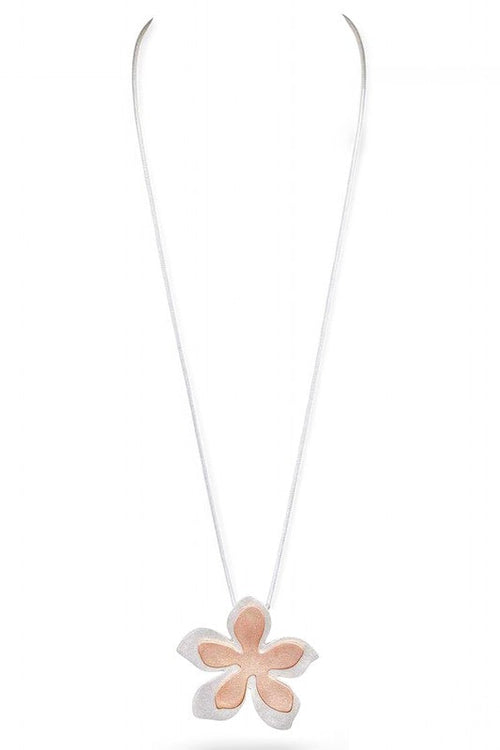 2 Tone Brush Metal Flower Pendant Necklace