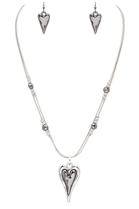 2 Tone Heart Pendant Necklace Set
