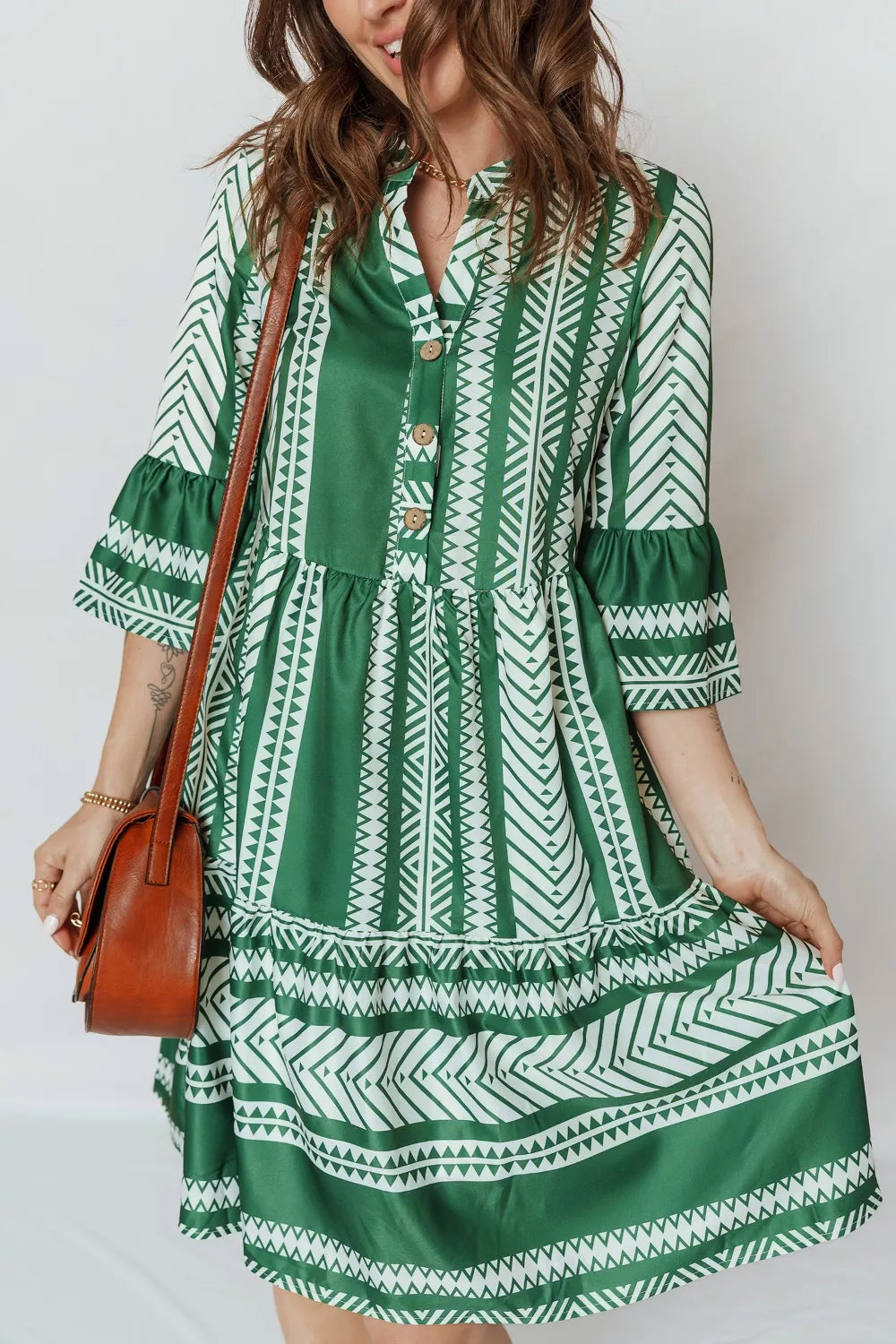 Ethnic Print Half Button 3/4 Sleeve Casual Dress