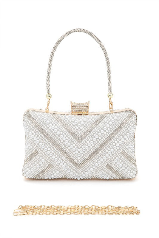 Chevron Pearl Rhinestone Convertible Box Clutchj