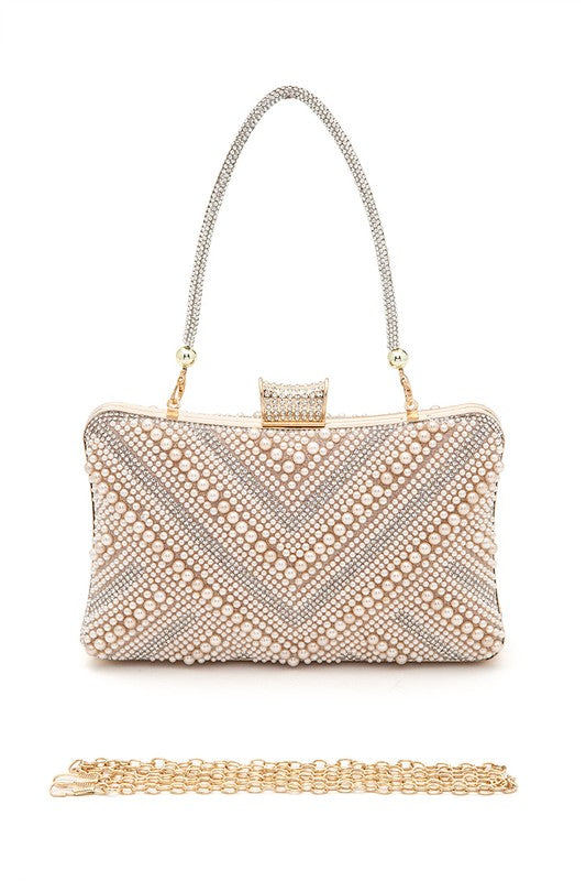 Chevron Pearl Rhinestone Convertible Box Clutchj