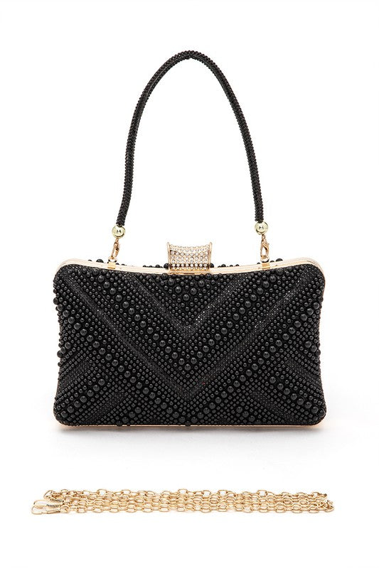 Chevron Pearl Rhinestone Convertible Box Clutchj