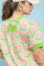 Umgee Floral Print Short Sleeve French Terry Top