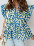 Tiered Flutter Sleeve Pleated Flower Blouse