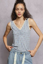 POL Ruched Floral V-Neck Tank with Lace Detail