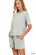 Zenana Halo Snow Washed Short Sleeve Tee and Shorts Set