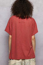 POL Ribbed Knit V-Neck Short Sleeve T-Shirt with Side Slit