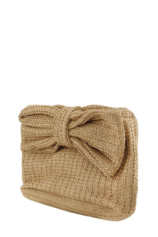 Bow Accent Straw Clutch Bag