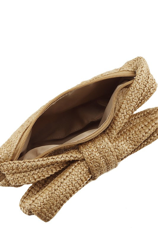 Bow Accent Straw Clutch Bag