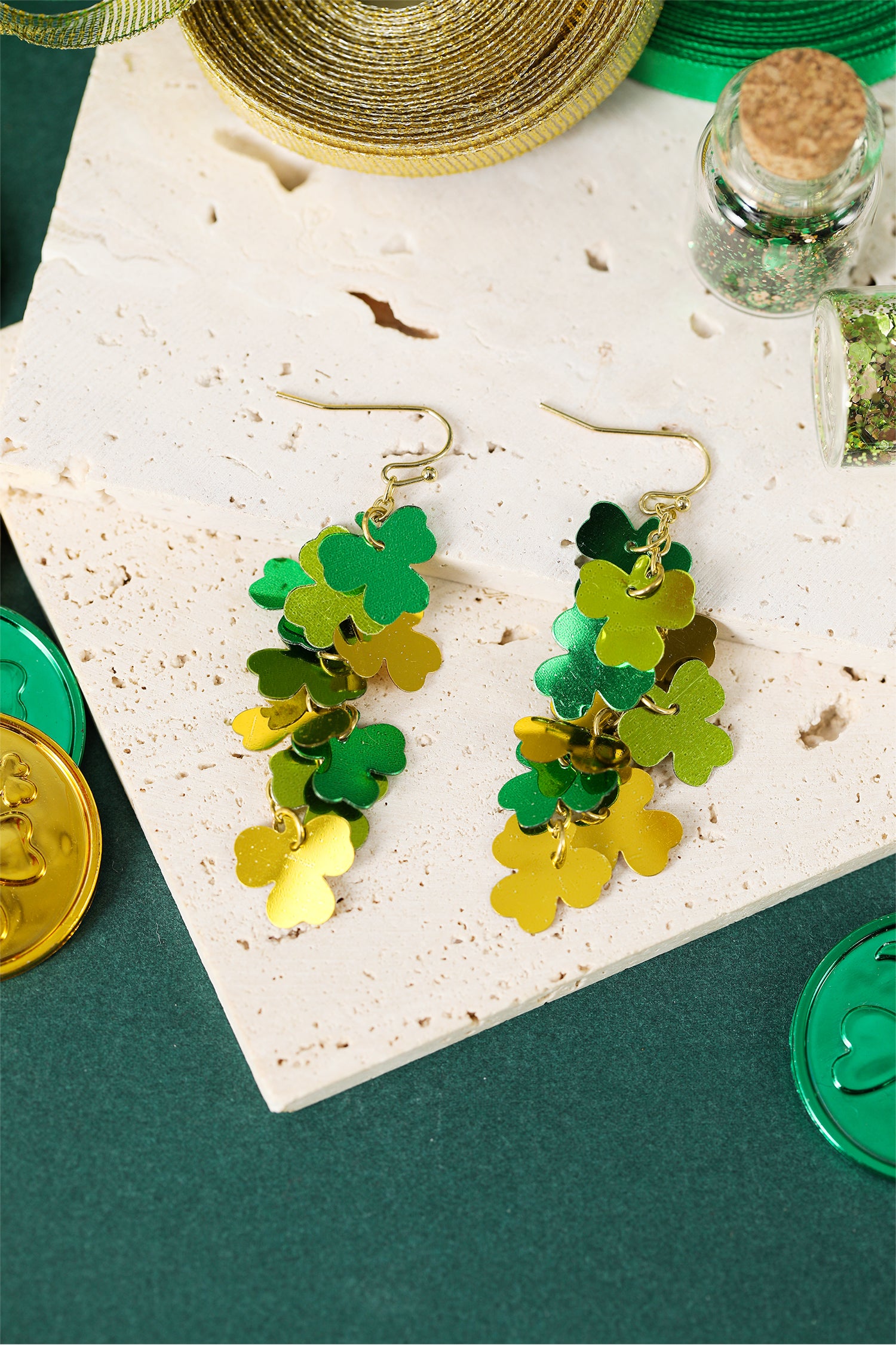 Green Metallic Shamrocks Cascade Earrings