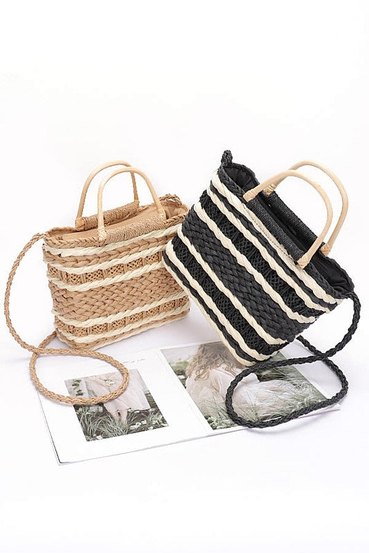 2 Tone Woven Faux Straw Top Handle Tote