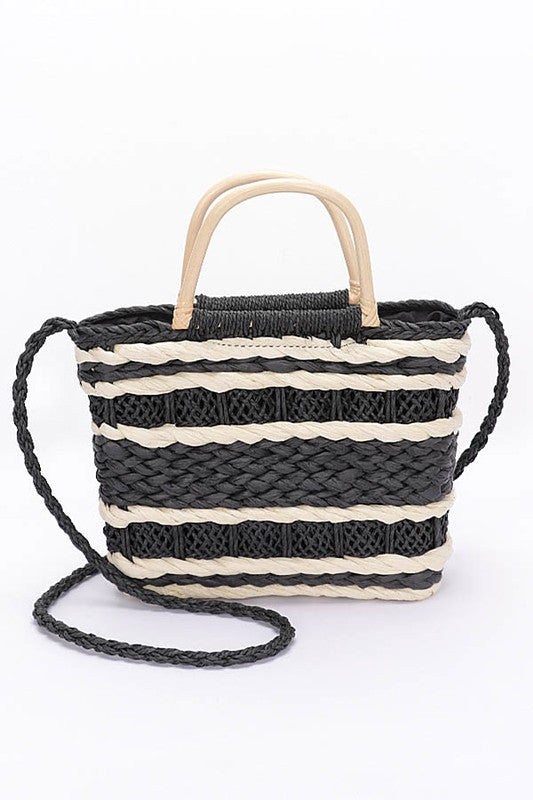 2 Tone Woven Faux Straw Top Handle Tote