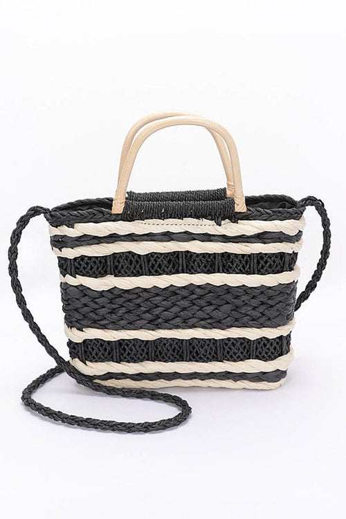 2 Tone Woven Faux Straw Top Handle Tote