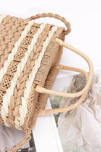 2 Tone Woven Faux Straw Top Handle Tote
