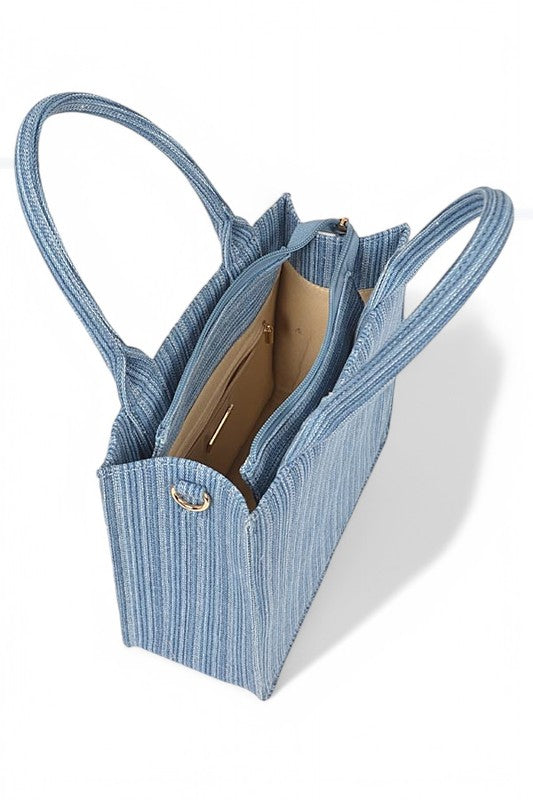 Stripy Denim Top Handle Convertible Small Tote