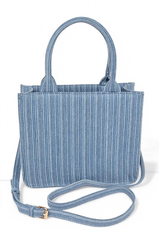 Stripy Denim Top Handle Convertible Small Tote