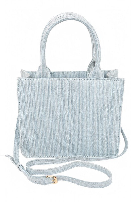 Stripy Denim Top Handle Convertible Small Tote