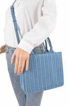 Stripy Denim Top Handle Convertible Small Tote