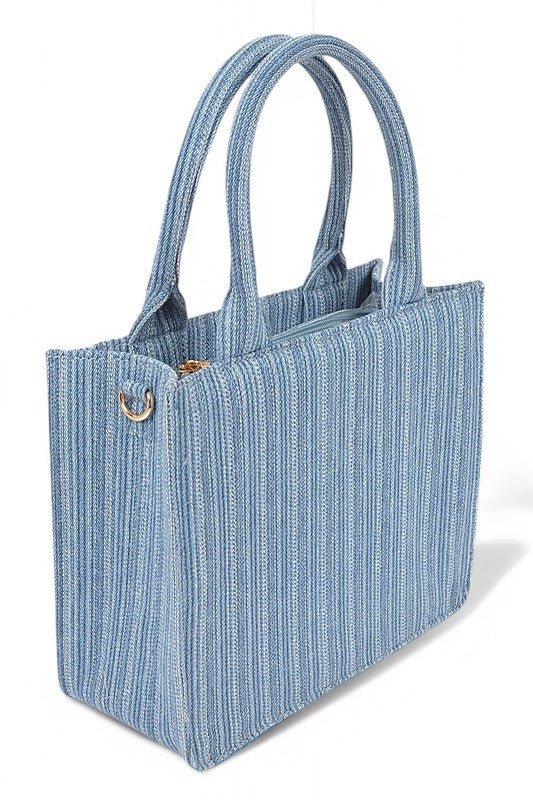 Stripy Denim Top Handle Convertible Small Tote