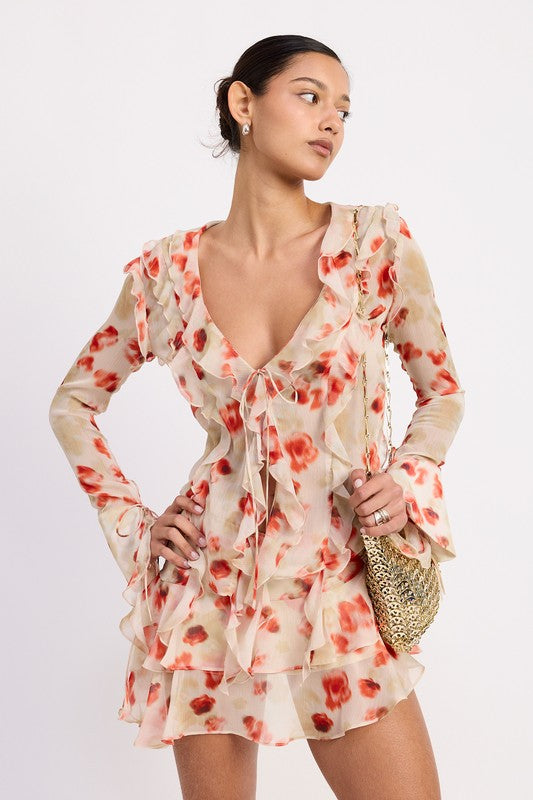 LAYERED RUFFLE MINI SKIRT IN SHEER FLORAL PRINT