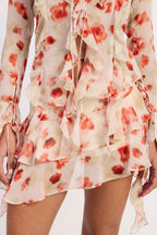 LAYERED RUFFLE MINI SKIRT IN SHEER FLORAL PRINT