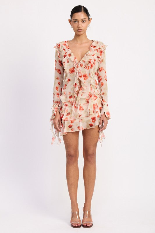 LAYERED RUFFLE MINI SKIRT IN SHEER FLORAL PRINT