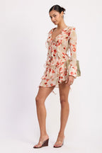 LAYERED RUFFLE MINI SKIRT IN SHEER FLORAL PRINT