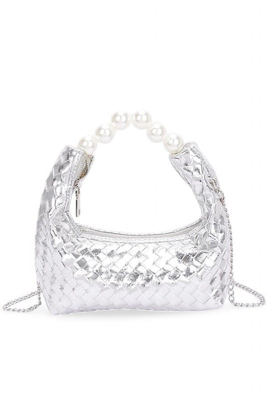 Pearl Handle Metallic Small Convertible Clutch Bag
