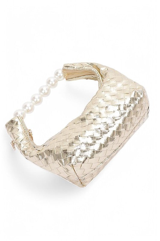 Pearl Handle Metallic Small Convertible Clutch Bag