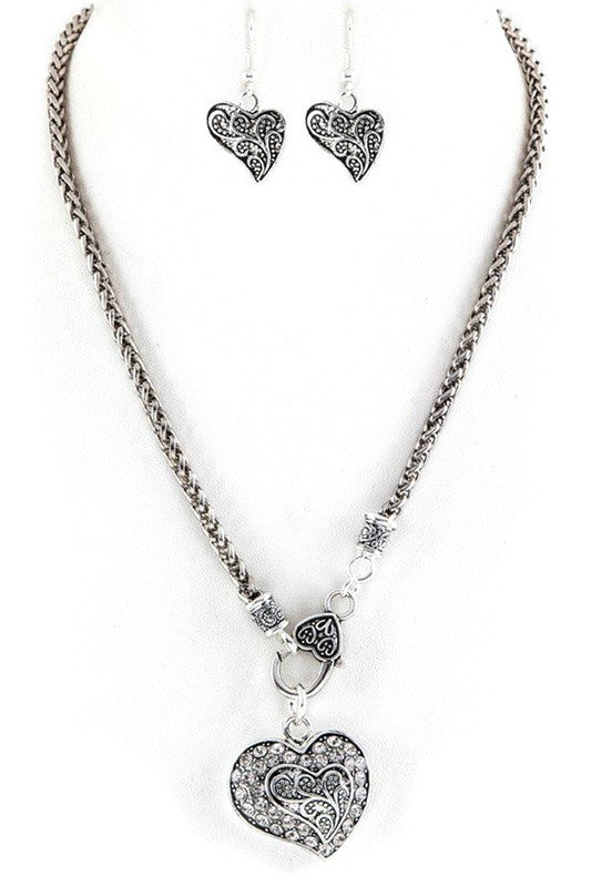 Crystal Swirl Heart Pendant Necklace Set