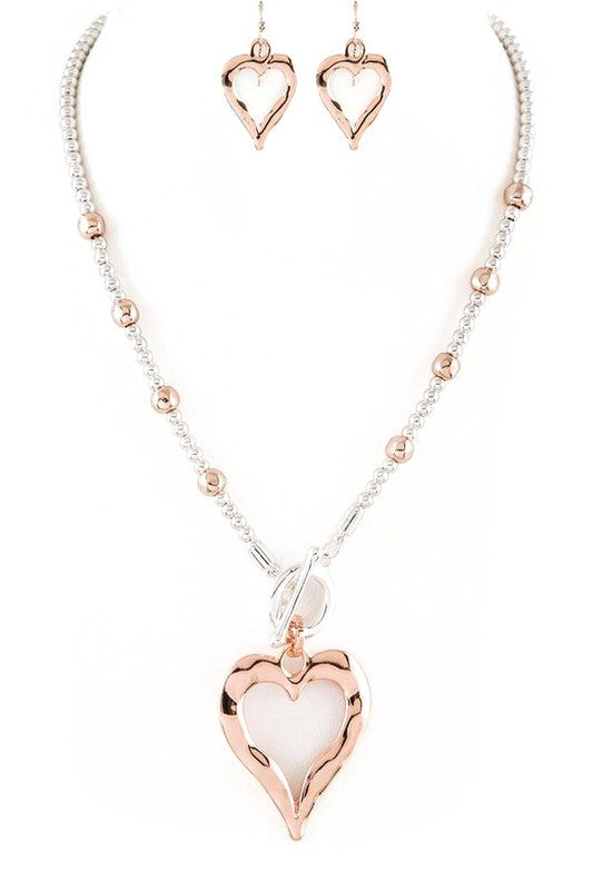 Metal Heart Pendant 2 Tone Necklace Set