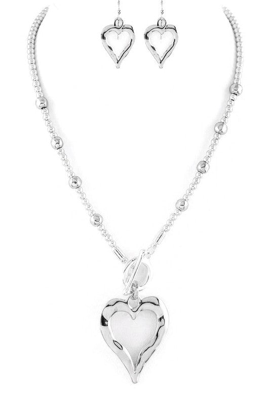 Metal Heart Pendant 2 Tone Necklace Set