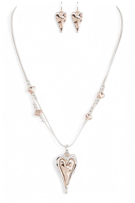 2 Tone Heart Pendant Necklace Set