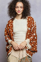 POL Open Front Floral Pattern Crochet Cardigan