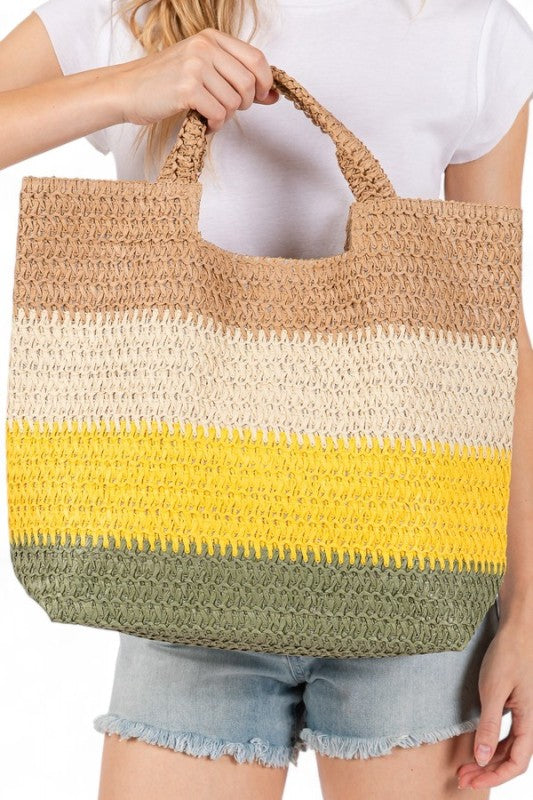 Faux Straw Tri-Tone Tote