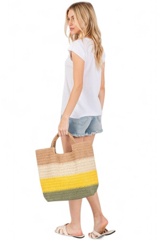 Faux Straw Tri-Tone Tote