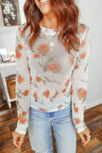 Floral Print Sheer Mesh Long Sleeve T-Shirt