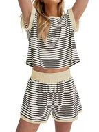 Full Size Striped Round Neck Top and Shorts Set Plus Size