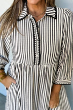 Stripe Scallop Trim Shirt Collar Half Button 3/4 Sleeve Dress