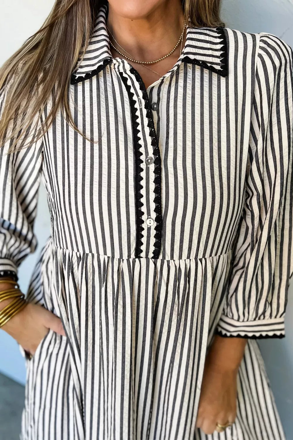 Stripe Scallop Trim Shirt Collar Half Button 3/4 Sleeve Dress