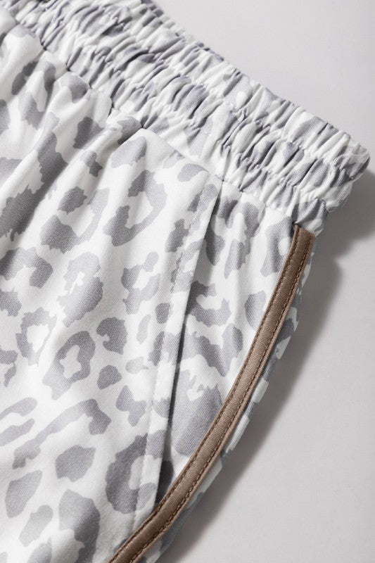 Leopard Elastic Waist Lace up Contrast Trim Shorts