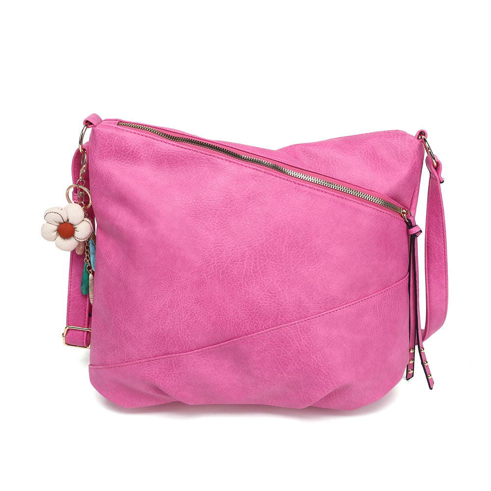 Multi Zip Crossbody Hobo with Flower Charm