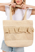 Ruffle Crochet Straw Tote Bag