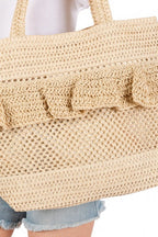 Ruffle Crochet Straw Tote Bag