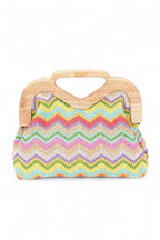 Chevron Print Faux Straw Wodden Frame Clutch Bag