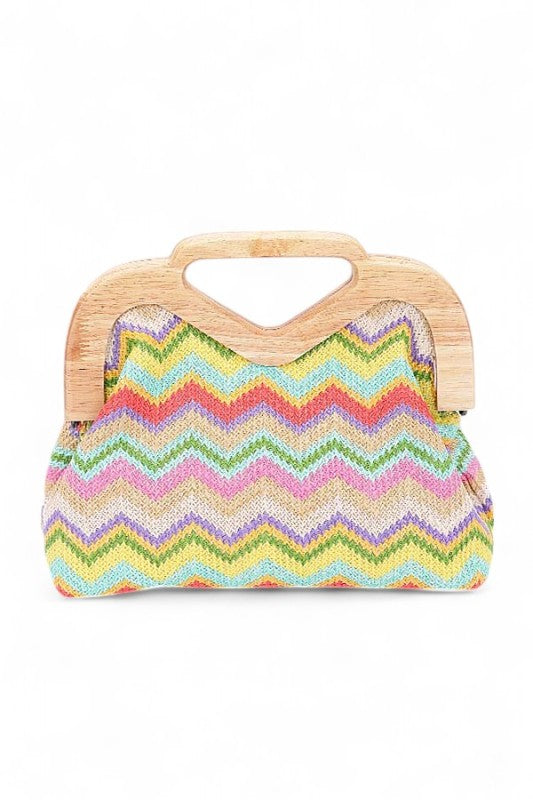 Chevron Print Faux Straw Wodden Frame Clutch Bag