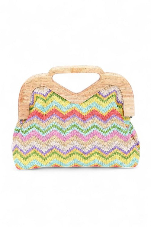 Chevron Print Faux Straw Wodden Frame Clutch Bag