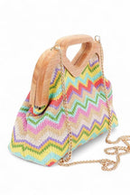 Chevron Print Faux Straw Wodden Frame Clutch Bag