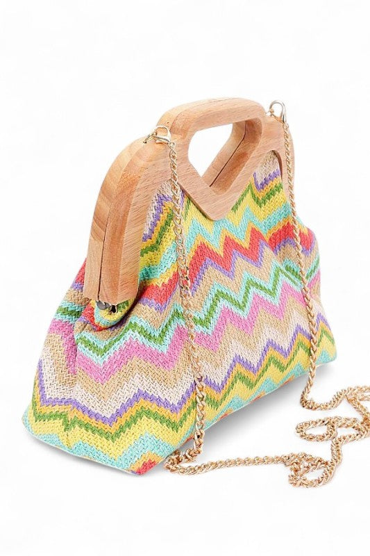 Chevron Print Faux Straw Wodden Frame Clutch Bag