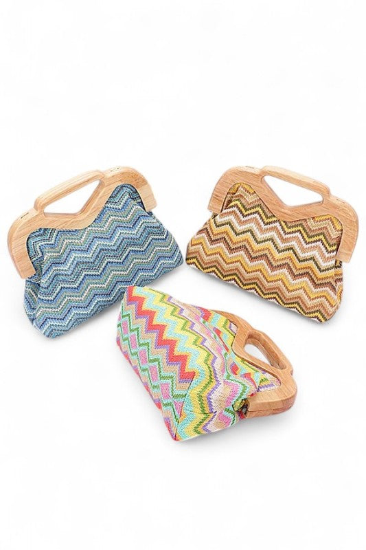 Chevron Print Faux Straw Wodden Frame Clutch Bag